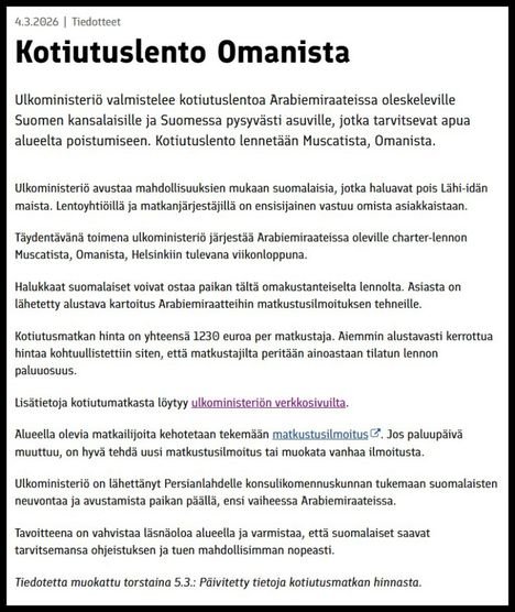 Huima pudotus suomalaisten kotiutuslennon hintaan